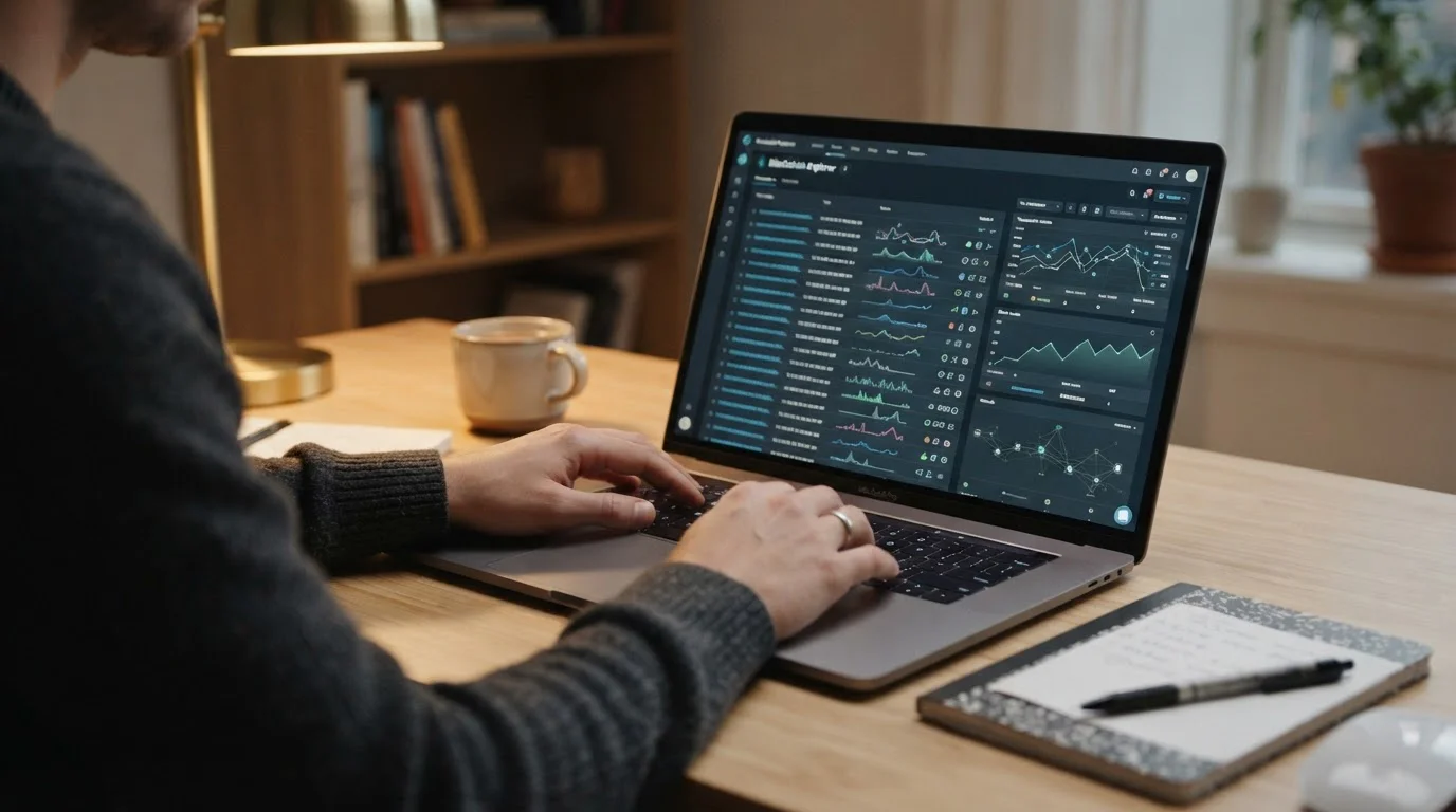 Laptop-Bildschirm mit abstraktem Blockchain-Explorer, Person betrachtet Transaktionsverlauf