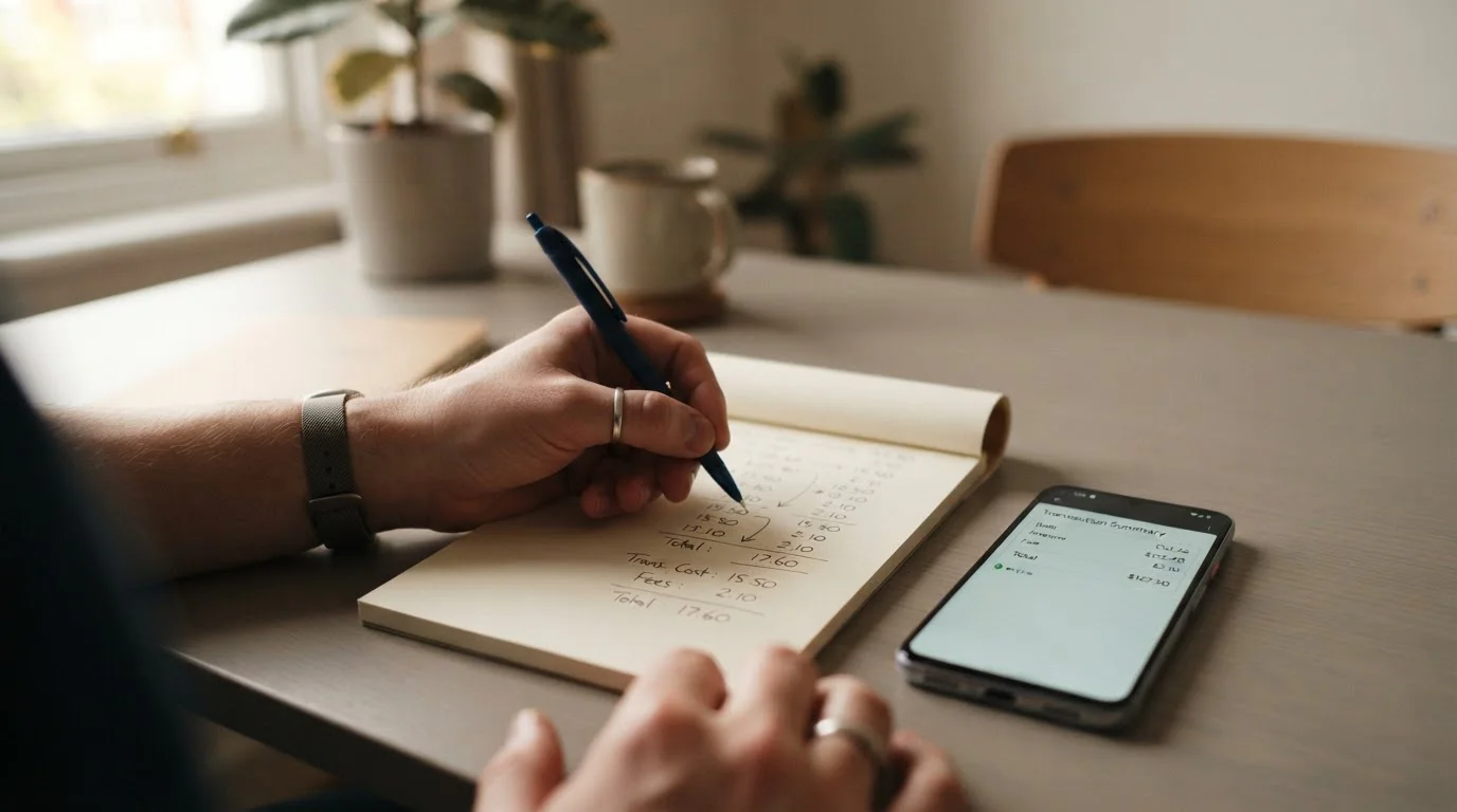 Nahaufnahme einer Person, die mit Stift und Notizblock Transaktionskosten berechnet