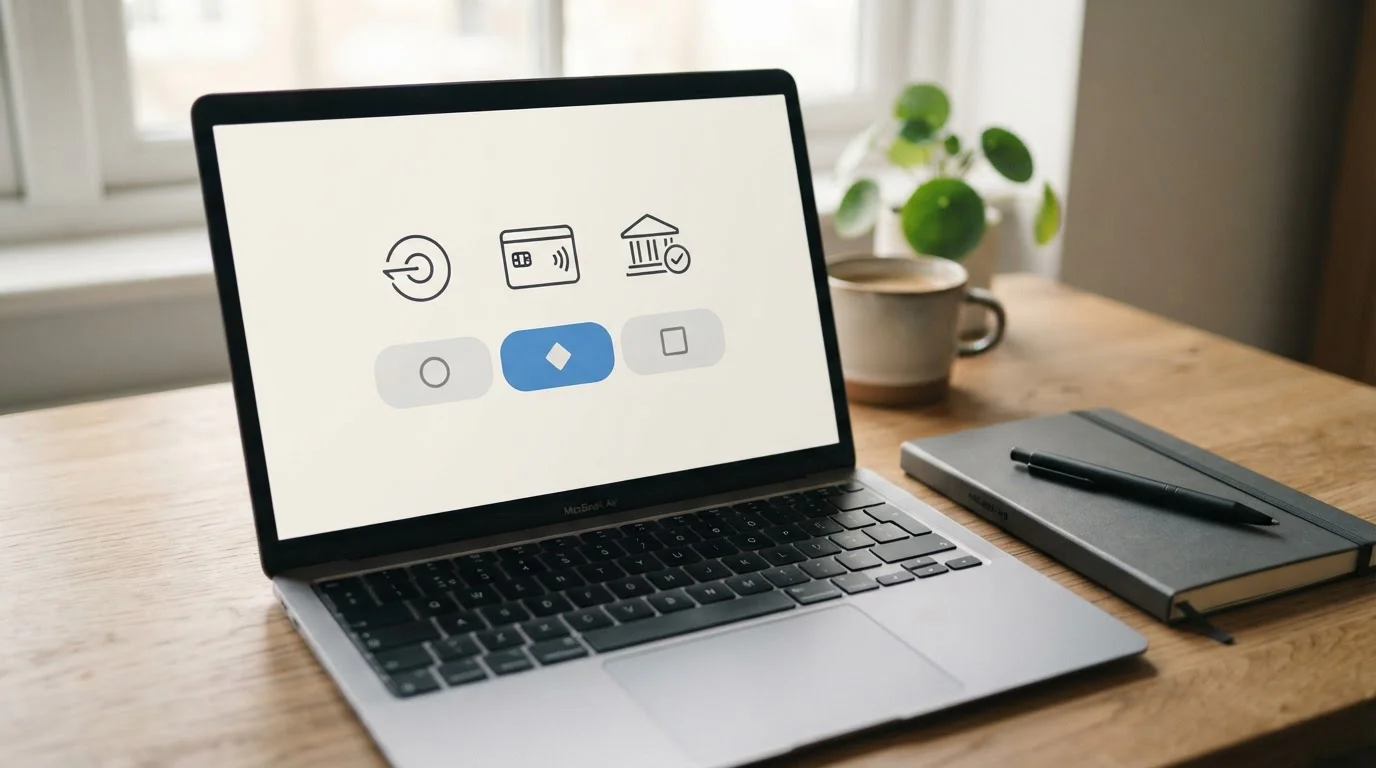 Laptop mit neutraler Kassenansicht und abstrakten Zahlungswegen ohne Logos