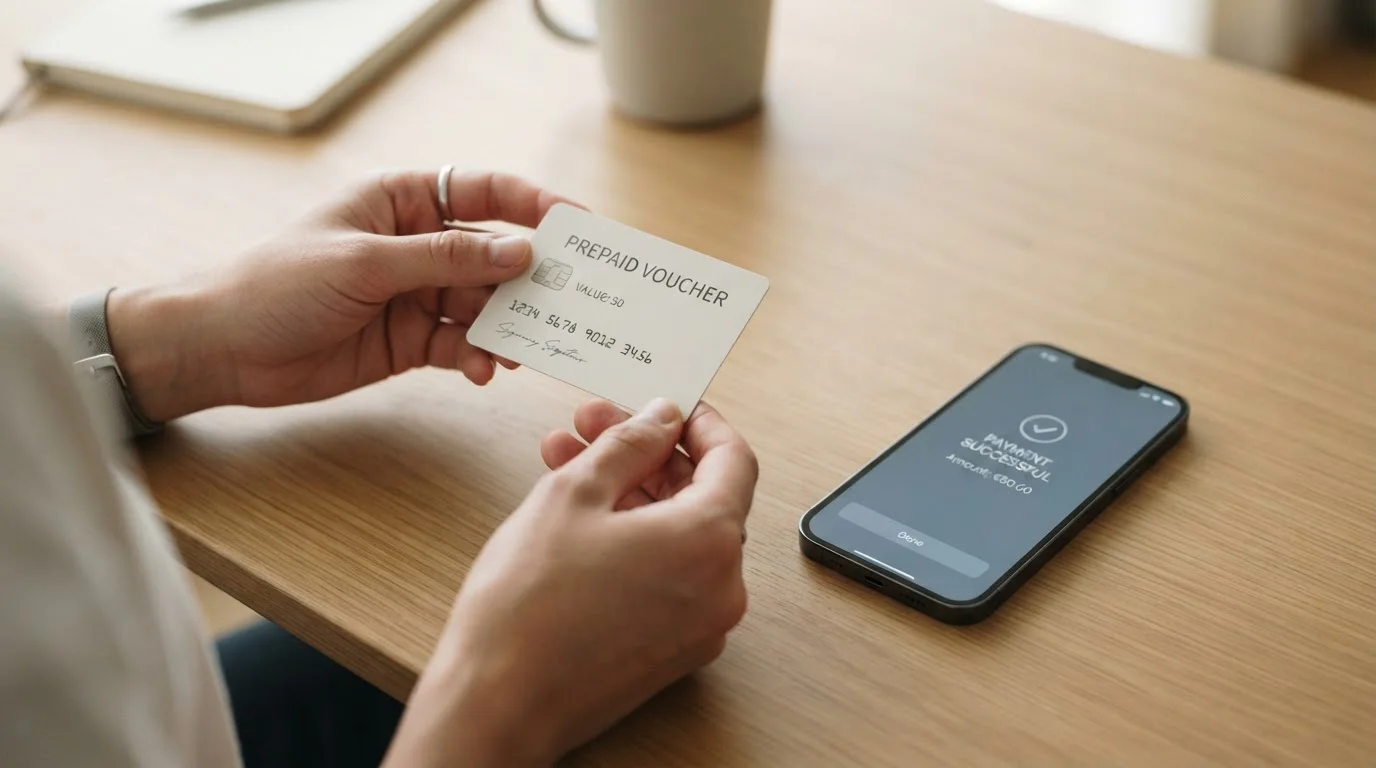 Prepaid-Guthabenkarte und Smartphone mit neutraler Bezahl-Oberfläche für kleine Einzahlungen