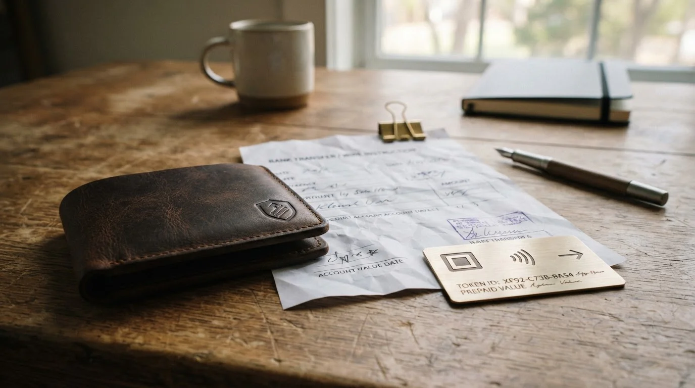 Neutrale Zahlungsübersicht mit Wallet, Bankweg und Prepaid-Karte ohne Logos